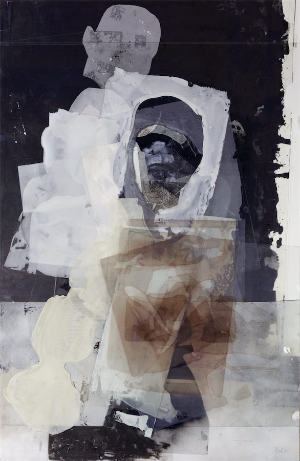 Person vor Schwarz, 2020, Acryl, Folien, Papiere, Glas, 78 x 50 cm