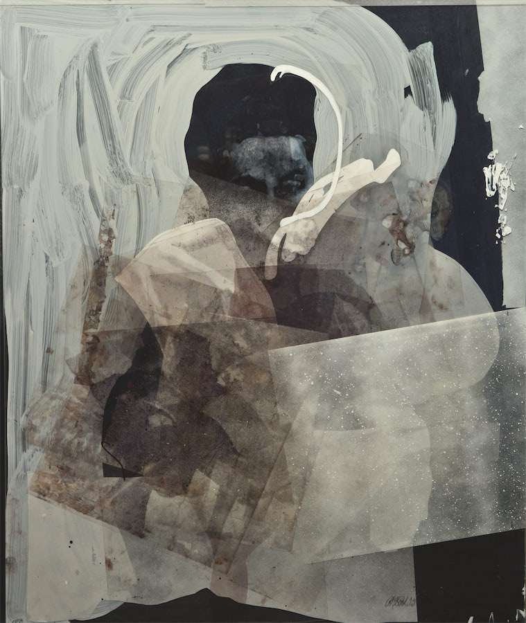 Frau mit angezogenem Bein, 2019, Acryl, Folien, Papiere, Glas, 60 x 50 cm