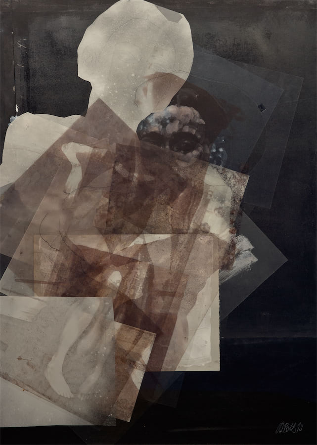 Hängende, 2019, Acryl, Papiere, Folien, 70 x 50 cm