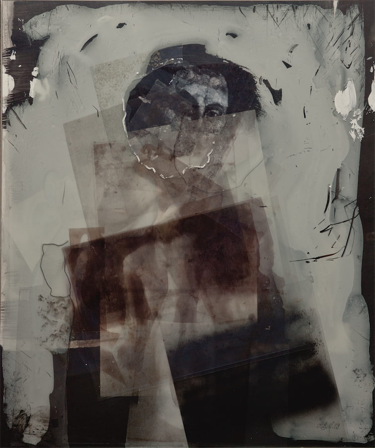 Aufrechte im Türkis , 2019, Acryl, Folien, Papiere, Glas, 60 x 50 cm