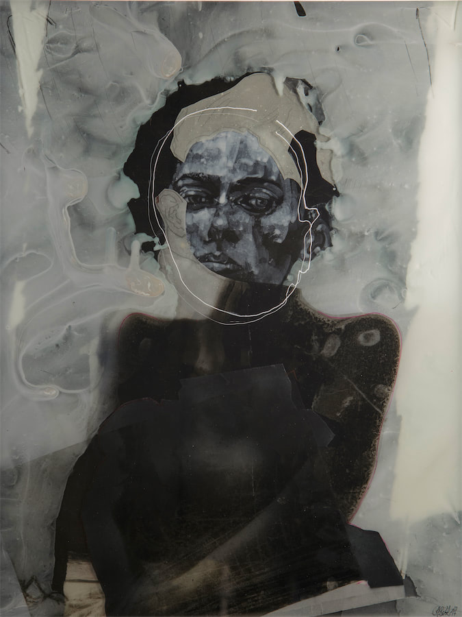 Person mit schwarzen Körper, 2017, Acryl, Folien, Papiere, Glas, 53 x 42 cm