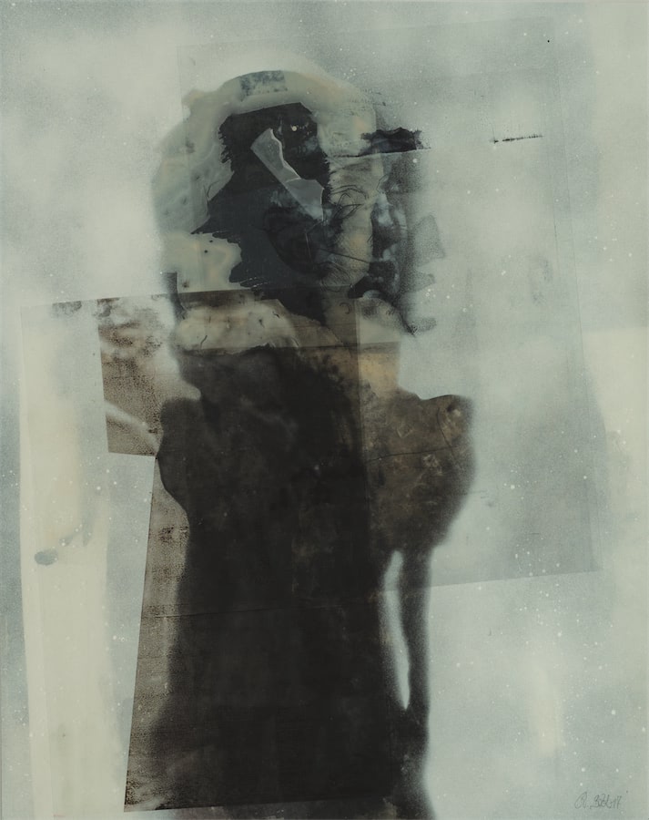 Stehende im Weiß, 2017, Aquarell, Acryl, Folien, Papiere, Glas, 46 x 36 cm