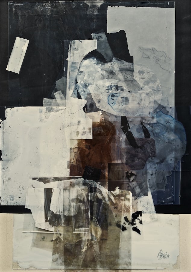 femme d´en face, 2021, Acryl, Aquarell, Papier, Folie, Glas, 85 x 60 cm 